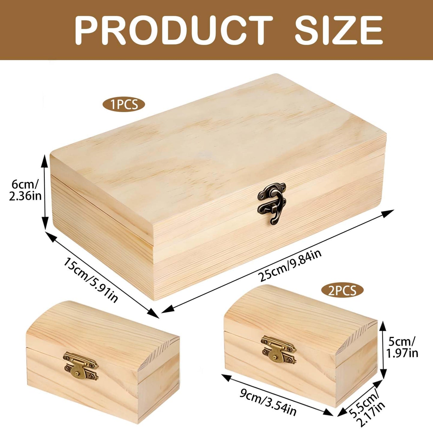 Vrexziy 3Pcs Unfinished Wooden Boxes, Wooden Box with Hinged Lid, DIY Craft Storage Organizer Box Pine Wood Small Wood Crate Boxes for DIY Craft Home