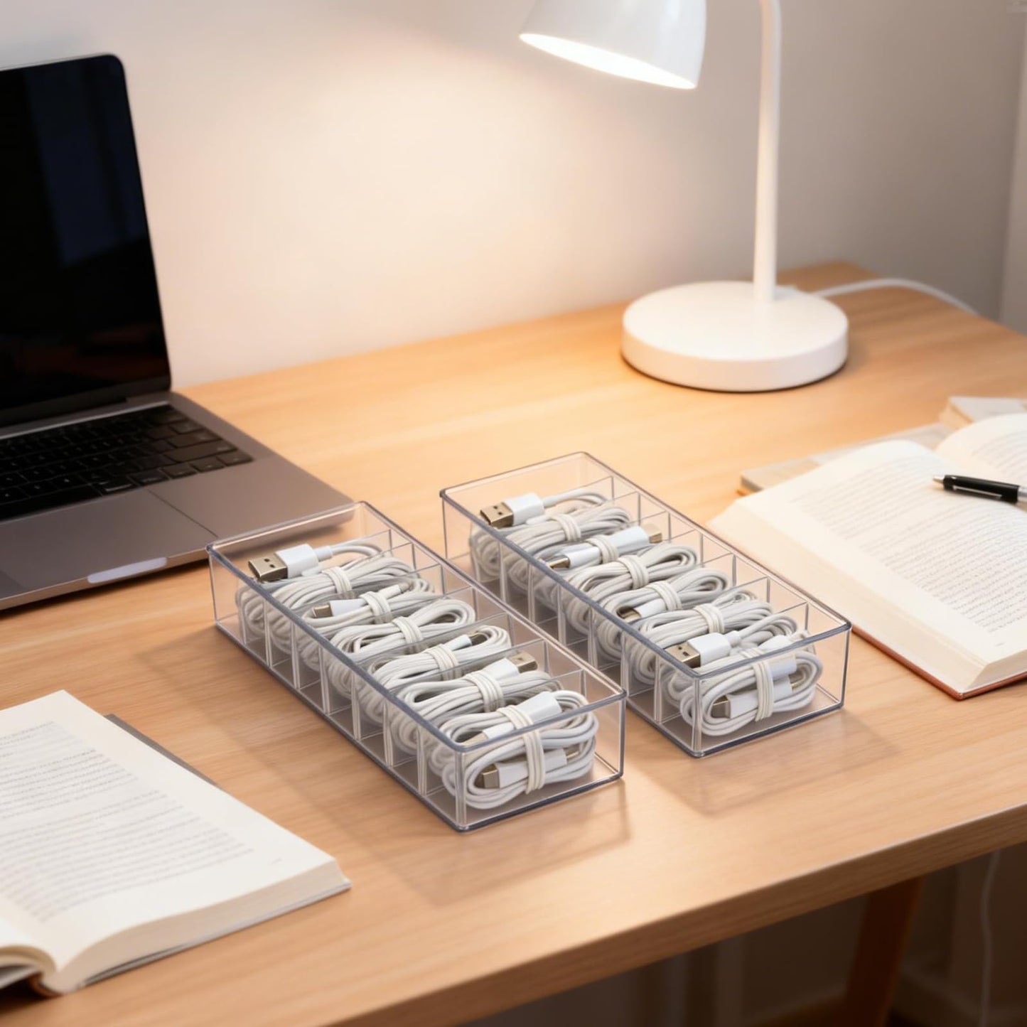 Punorric 2 PCS Cable Tidy Box Cable Storage with 8 Ties, Clear Wire Organiser Box