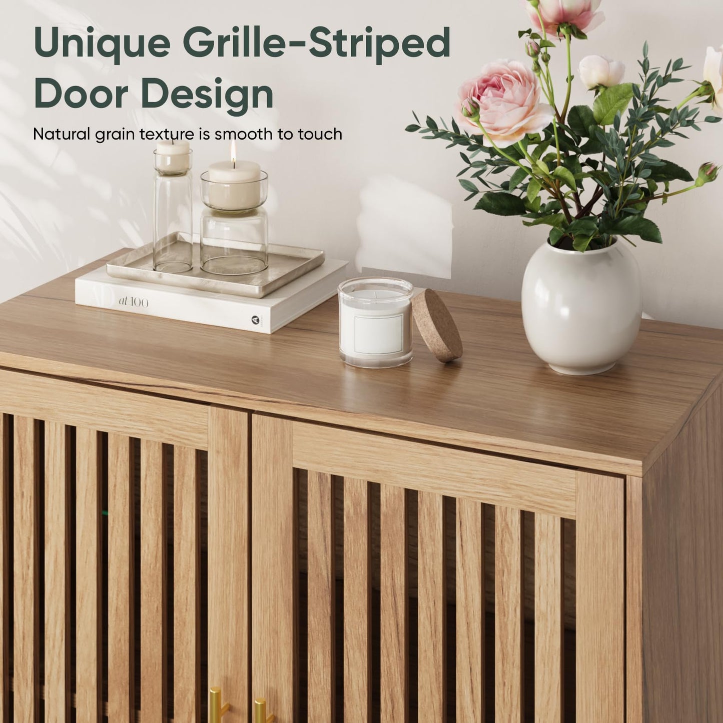 Smart FENDEE Sideboard Cabinet, Farmhouse Buffet Cabinet with Slatted Doors & Adjustable Shelf, Coffee Bar Storage Cabinet for Kitchen, Dining Room