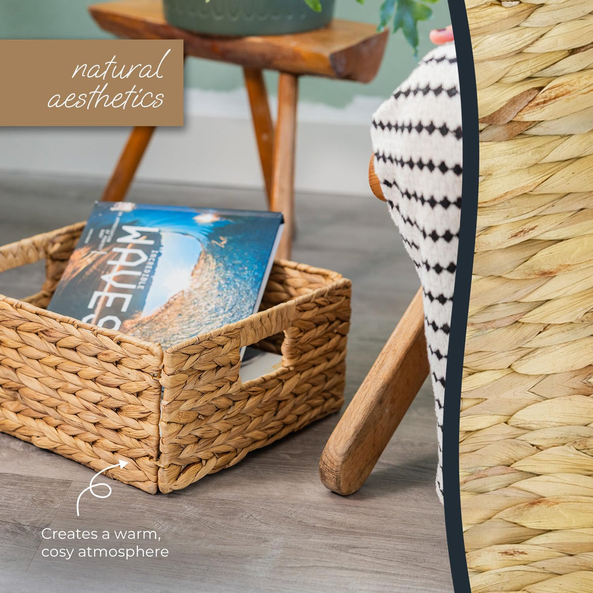 HMF storage basket compatible with KALLAX half shelf, basket woven from water hyacinth with handles | Set of 4 | 30 x 34 x 15 cm | Natural
