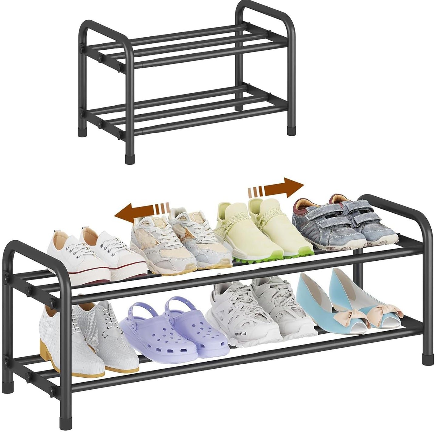 HZXYchen 2 Tier Expandable Shoe Rack | Adjustable Width 45-80cm | Narrow Metal Storage for for Small Narrow Space, Entryway, Closet, Wardrobe(Black)