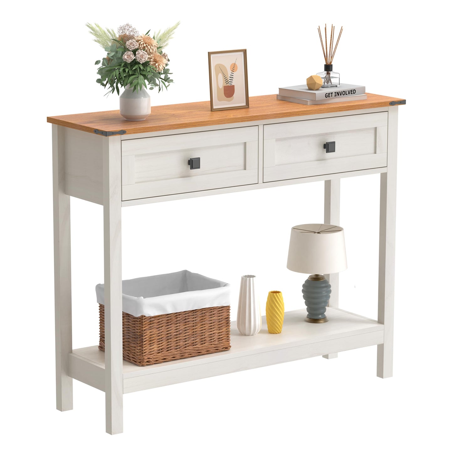 Trironsun Farmhouse Console Table with 2 Drawers for Entryway Rustic Hallway Table with Wooden Frame and Open Storage Shelf Sofa Table for Bedroom or