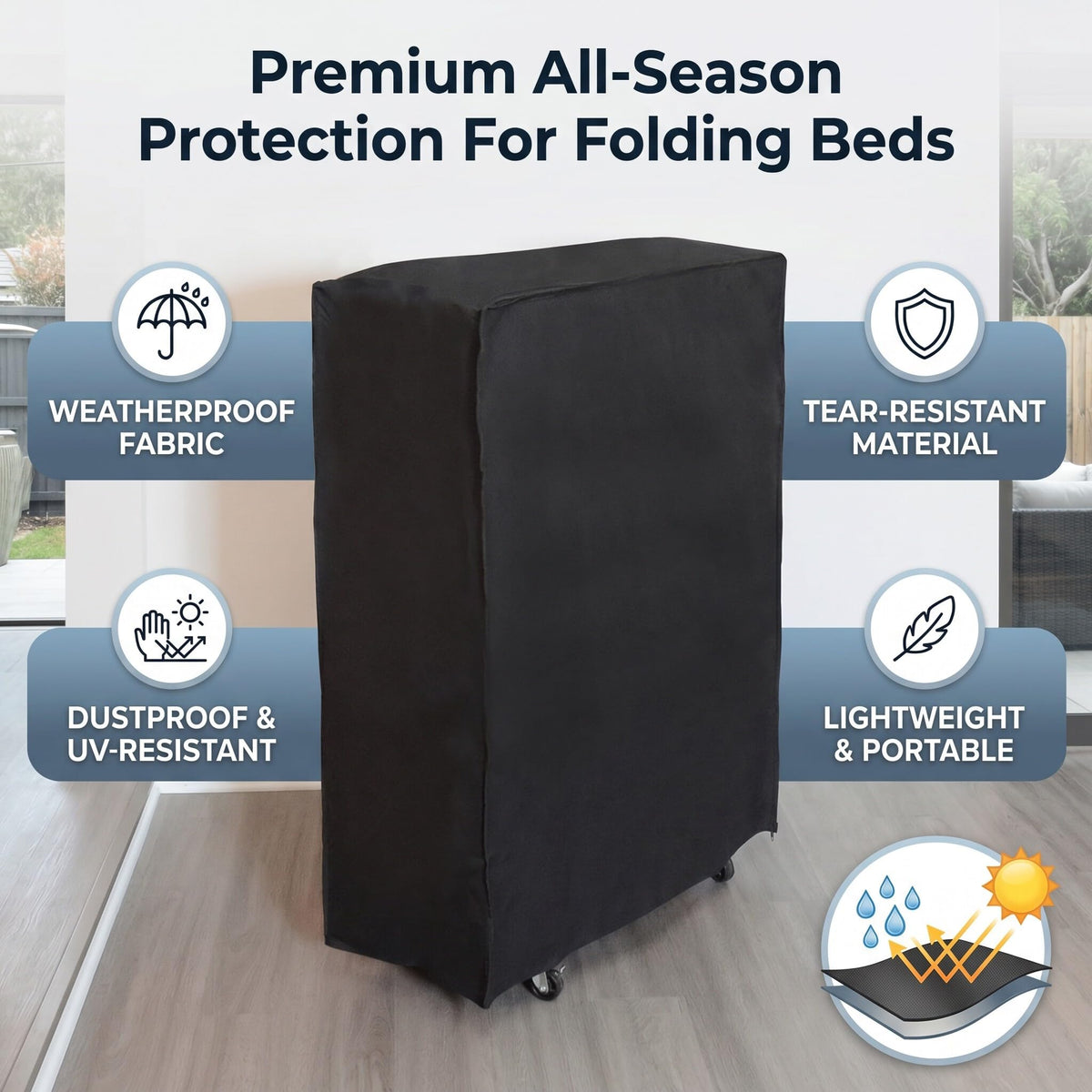 SEAFRONT Folding Bed Storage Cover Black Waterproof Dustproof Indoor Outdoor Portable Easy Storage 85 * 33 * 107cm