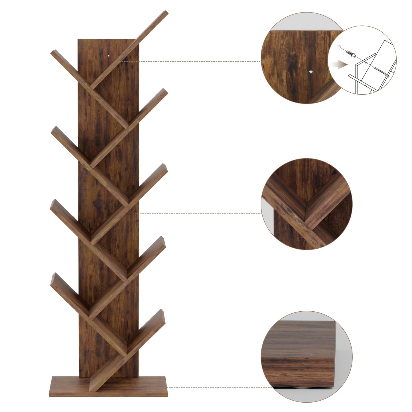 Mondeer Tree Bookshelf, 8 Tier Bookcase Free Standing, Rustic Brown