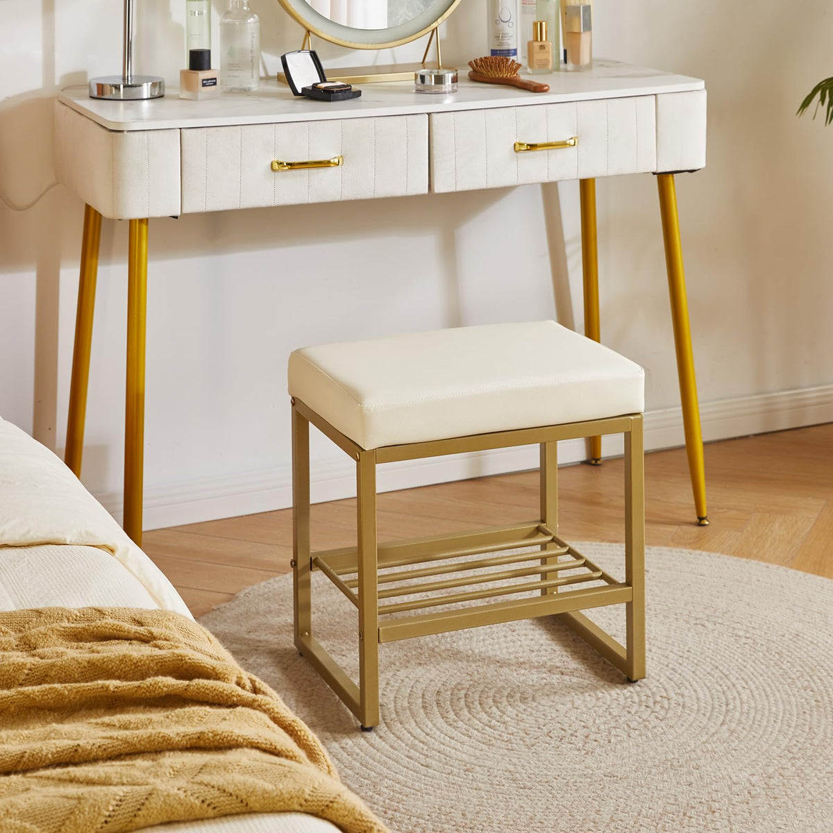 Aibiju Square Dressing Table Stool, Vanity Chair Stool with Adjustable Feet and Storage Space, Small Makeup Stool Bench for Vanity, Bedroom