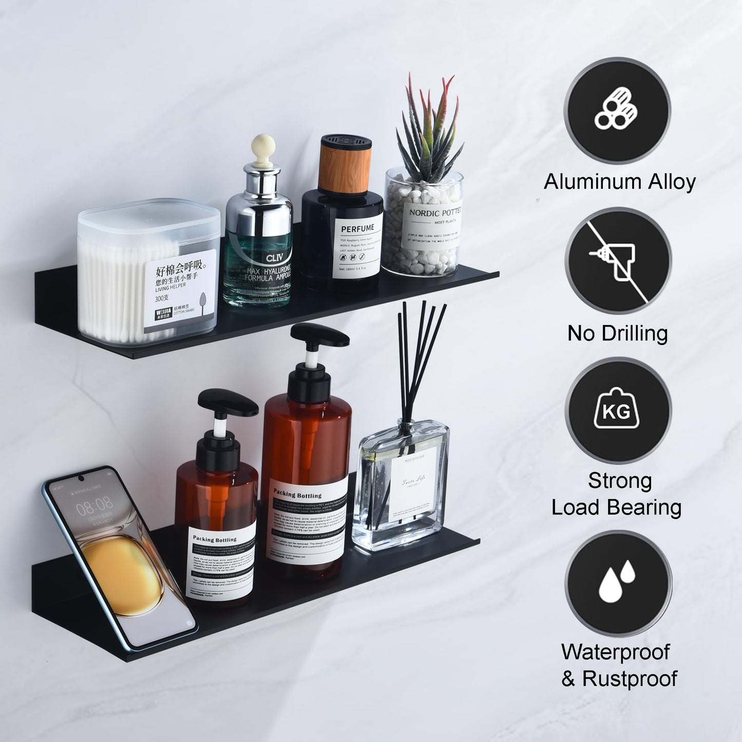 HNVNER Black Bathroom Shelves No Drill, Metal Shower Caddy 2 Pack, 40 cm