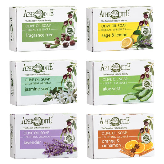 Aphrodite Olive Oil Soap Set, 6-Pack ? Natural Soaps with 100% Greek Olive Oil (Fragrance-Free, Sage & Lemon, Jasmine, Aloe Vera, Lavender, Orange &