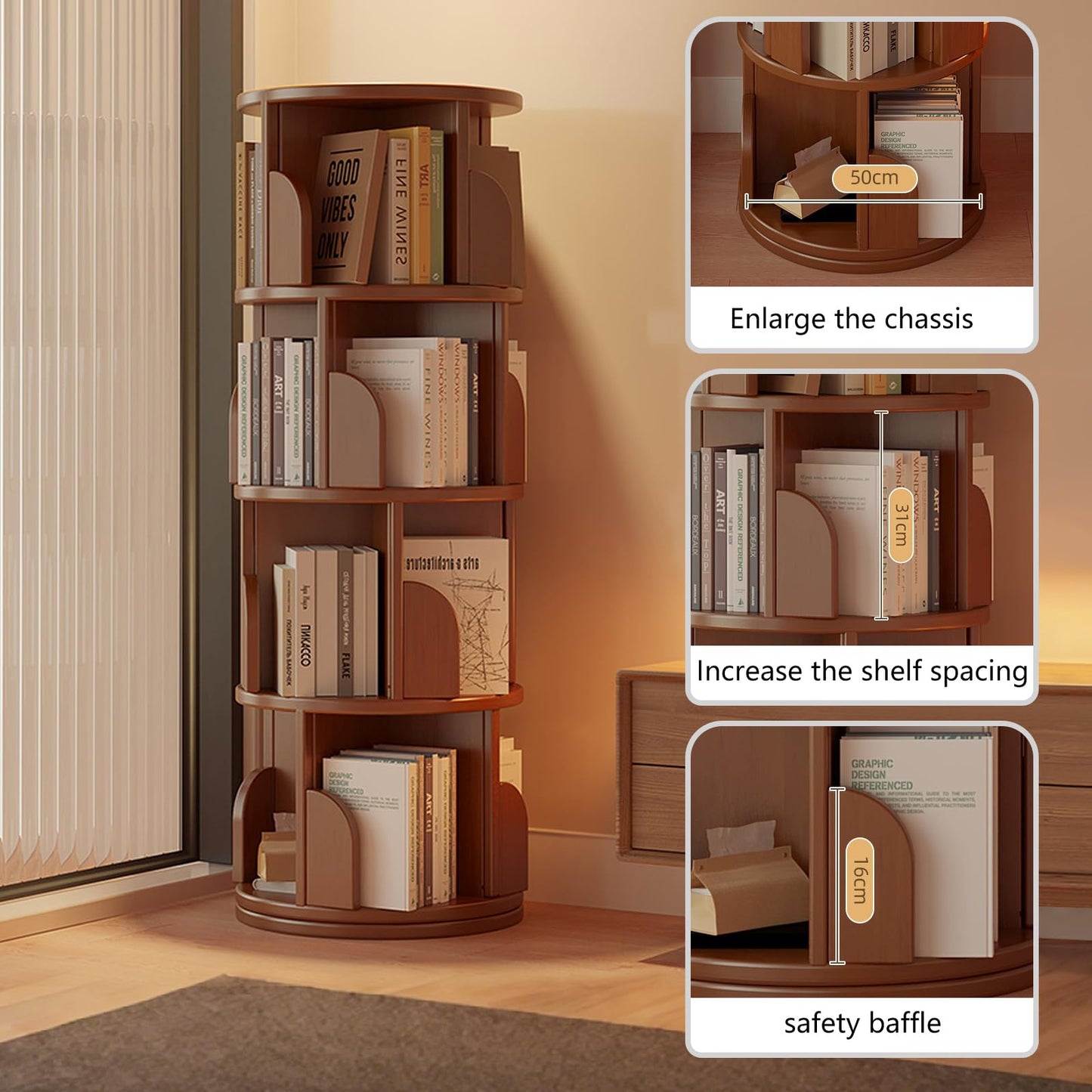 KZOBYD Rotating Bookshelf, Revolving Book Shelf (Brown, H 127 cm)
