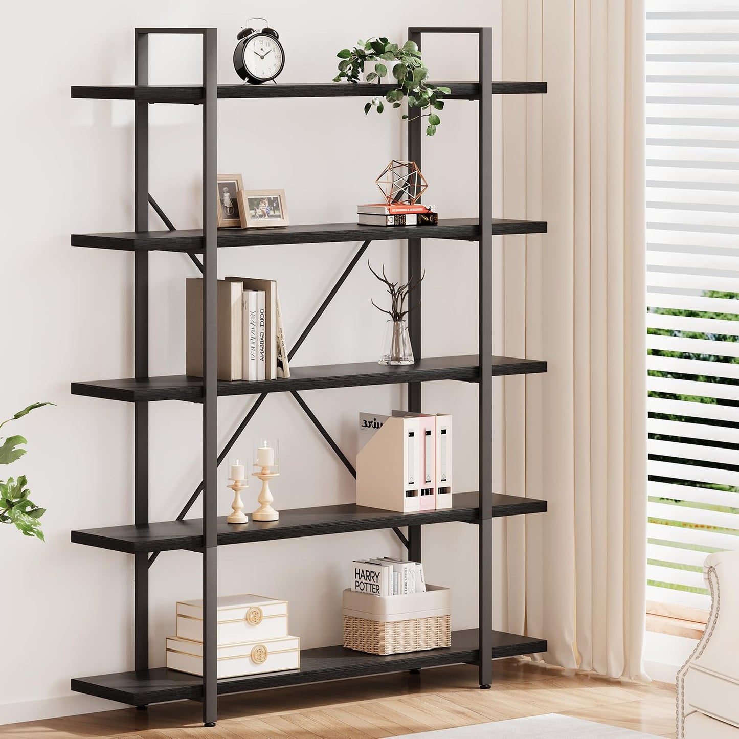 HSH 5 Tier BookShelf Farmhouse Storage Bookcases Modern Shelf Black Oak