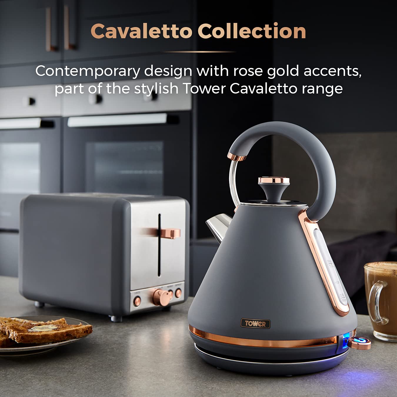 Tower T10044RGG Cavaletto Pyramid Kettle with Fast Boil, Detachable Filter, 1.7 Litre, 3000 W, Grey and Rose Gold