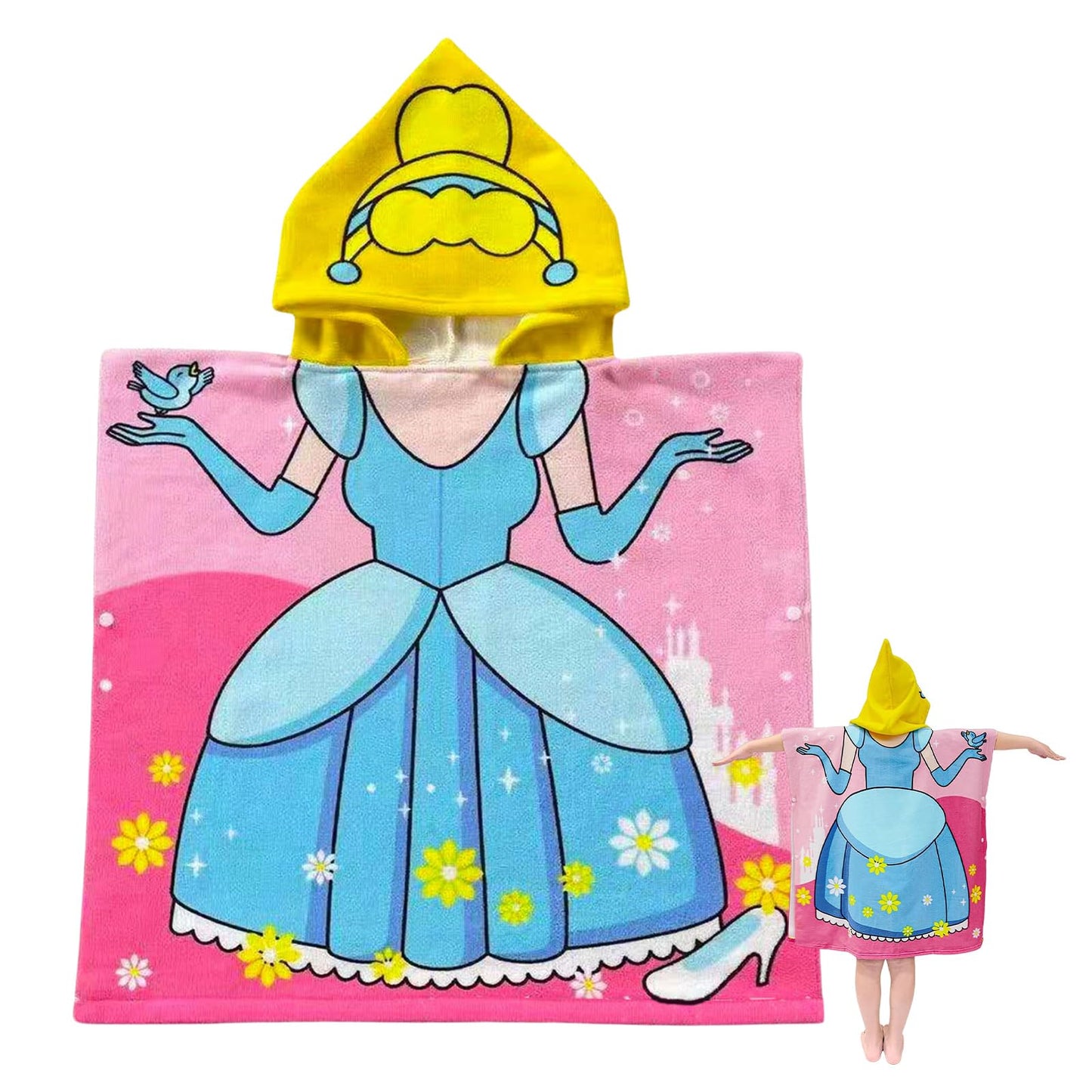 Kids Hooded Poncho Towels Pink Blue Princess Beach Towel with Hooded for Girl,60*90cm Bath Towel Poncho Beach Changing Robe for 5-7th Girl,Polyester