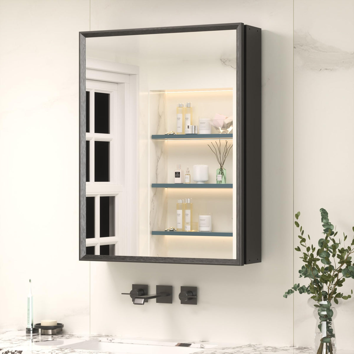 Keonjinn Bathroom Mirror Cabinets 50x65cm, Assembly Required, Black Aluminum Frame Mirrored Bathroom Cabinet Wall Mounted with Storage
