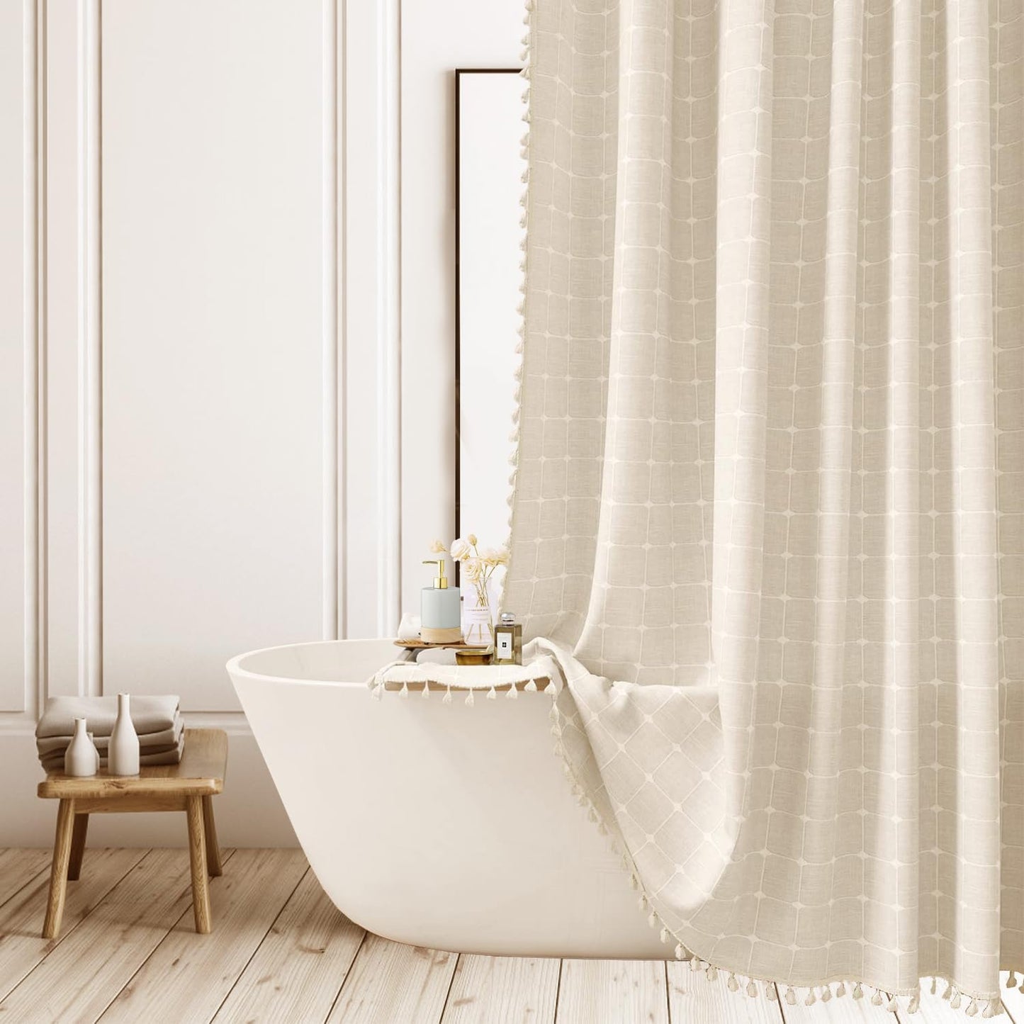ggaimwf Beige Bohemian Long Shower Curtain for Bathroom Farmhouse Fabric Shower Curtains Rustic Country Neutral Heavy Duty Bathroom Curtain Set with