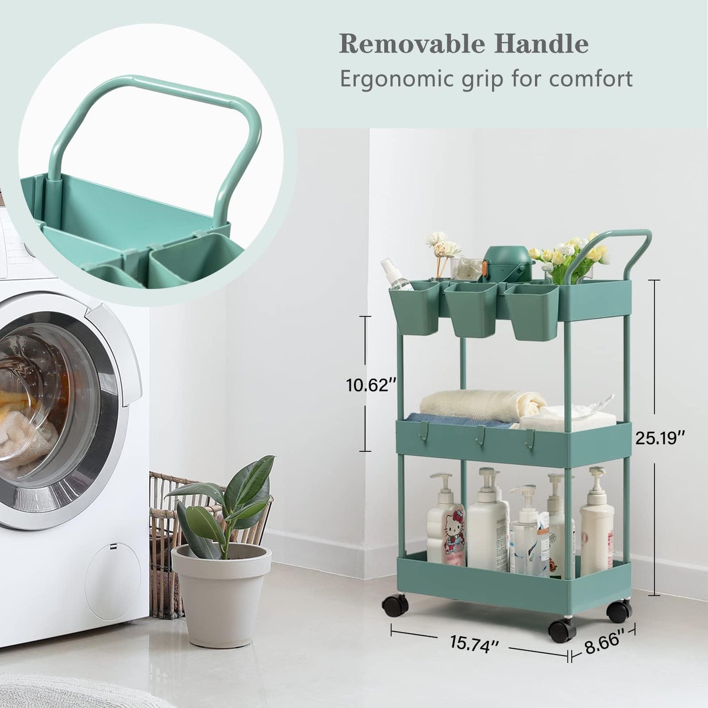danpinera Storage Cart on Wheels, 3 Tier Slim Laundry with Wheels Bathroom Organizer with Hanging Cups Hooks Dividers Handle Mobile Rolling Art Cart