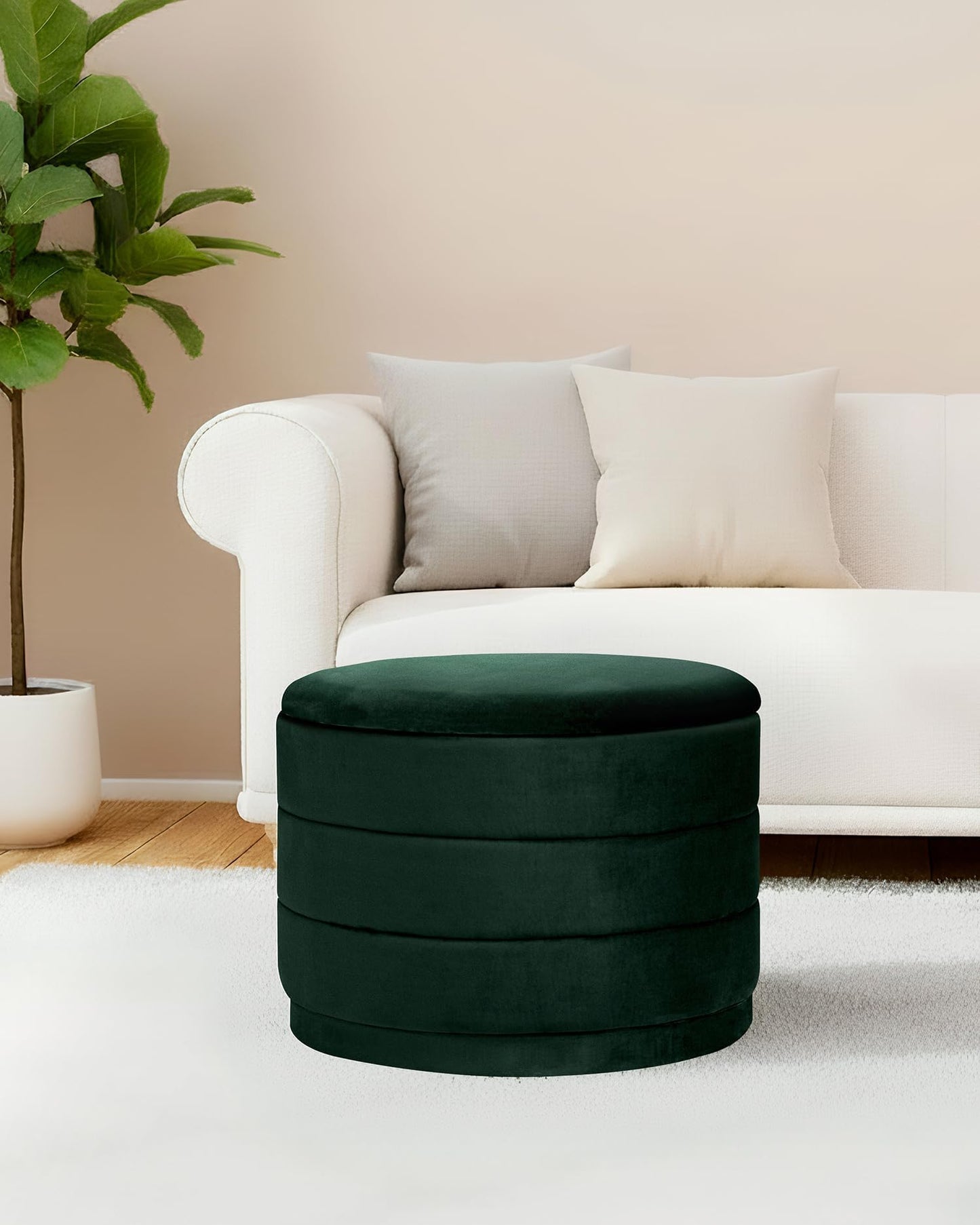 Bonlife Large Storage Ottoman Round - Folding Foot Rest with Hidden Storage, Bottle Green Velvet 58x58x44cm for Living Room, Bedroom & Hallway