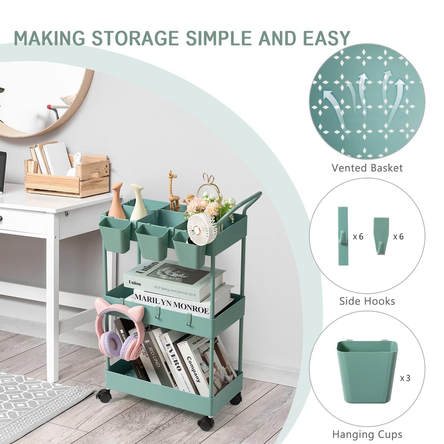 danpinera Storage Cart on Wheels, 3 Tier Slim Laundry with Wheels Bathroom Organizer with Hanging Cups Hooks Dividers Handle Mobile Rolling Art Cart