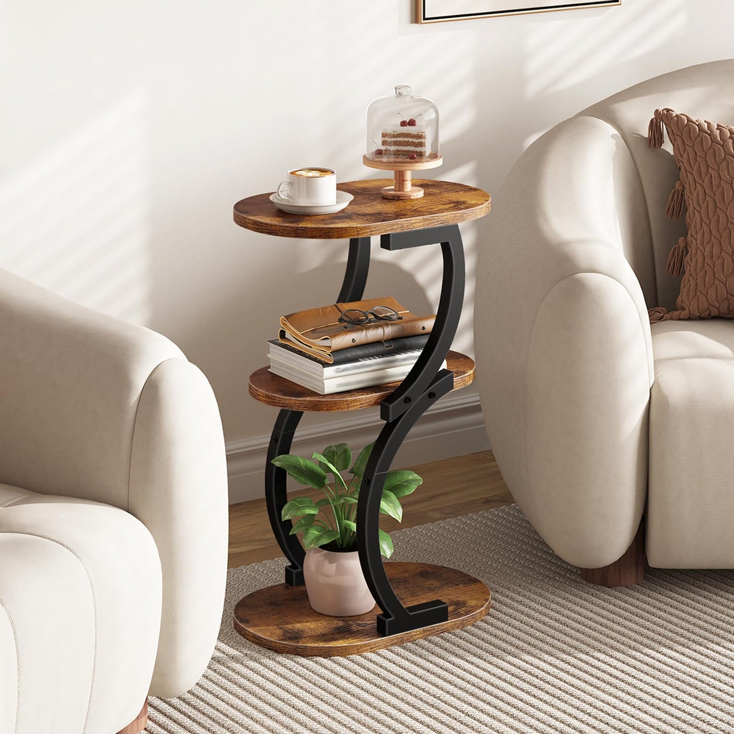 HOOBRO 3-Tier Side Table, Small Table with Storage Shelf, Oval Sofa Table for Small Space, Slim Bedside Table Round Corner Table for Living Room