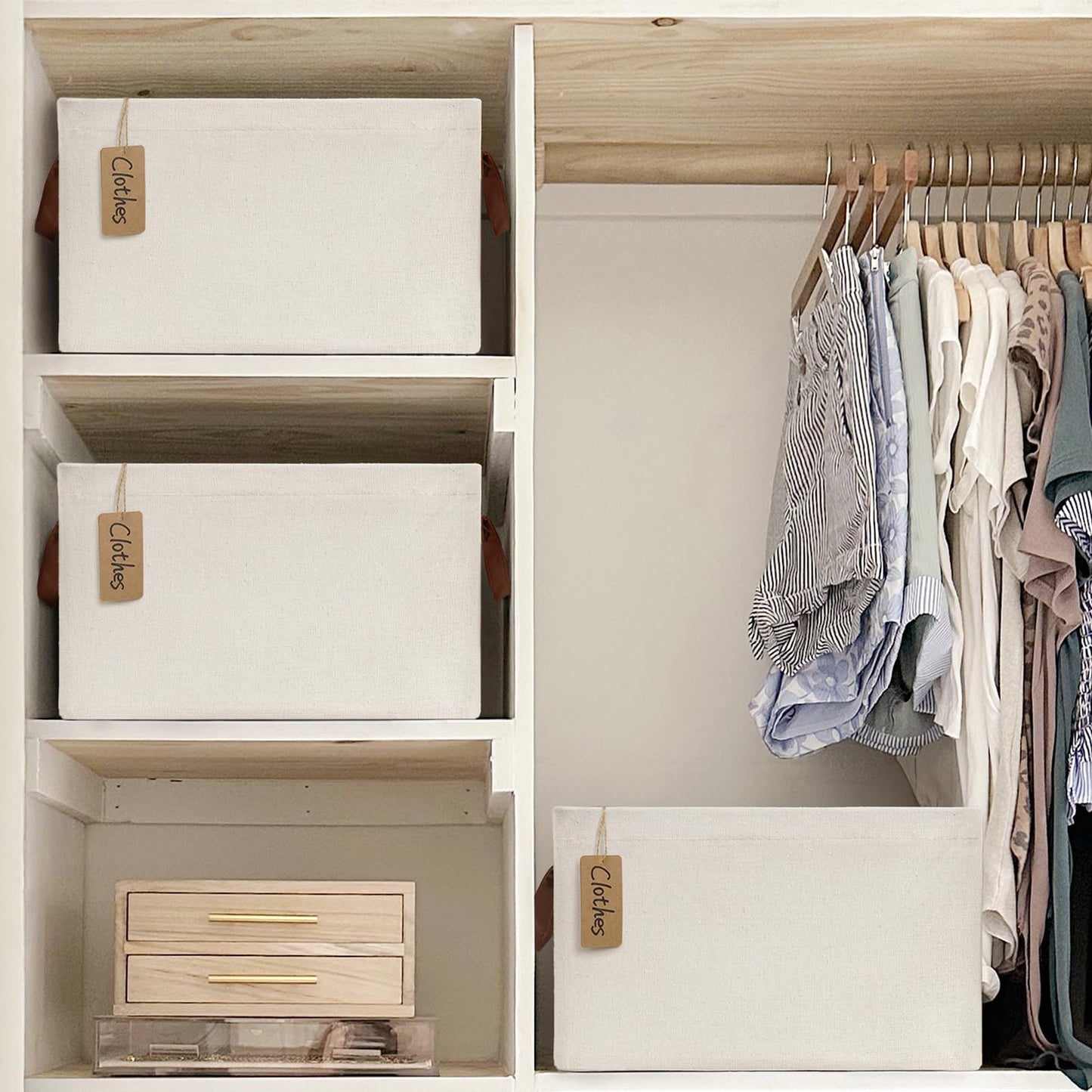 TIMEYARD Large Foldable Fabric Storage Baskets Shelf Bins Beige 2-Pack