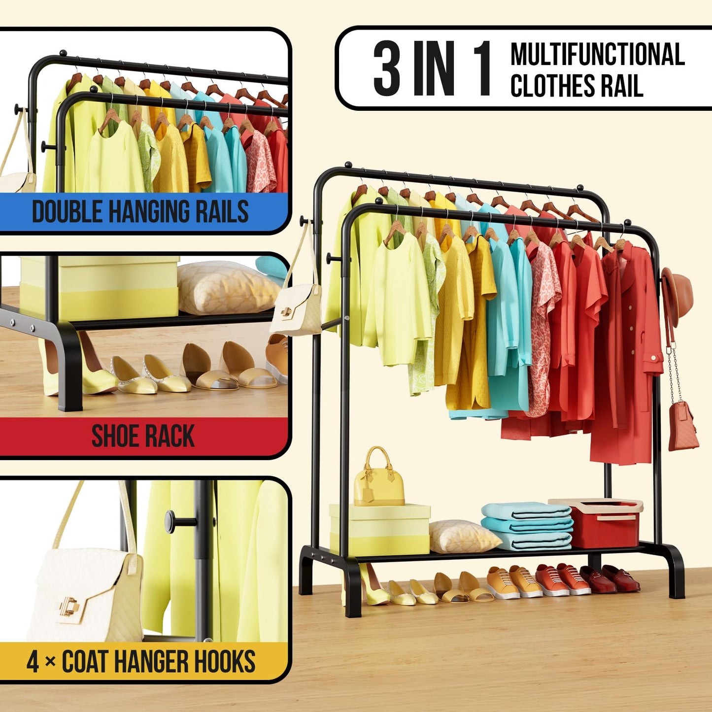 Clothes Rail With Shelves, Double Rods Clothing Rail for Bedroom, Black