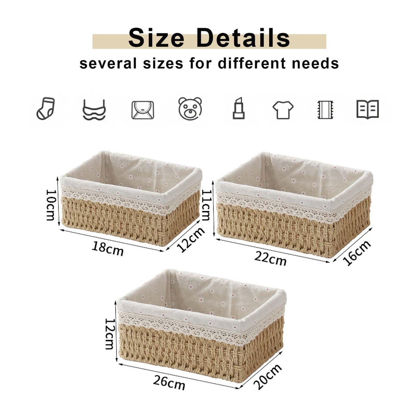 PALUDO Set of 3 Storage Baskets, 3 Sizes Wicker Bathroom Basket, Small Natural Paper Rope Changing Basket, Woven Hamper Baskets for Shelves