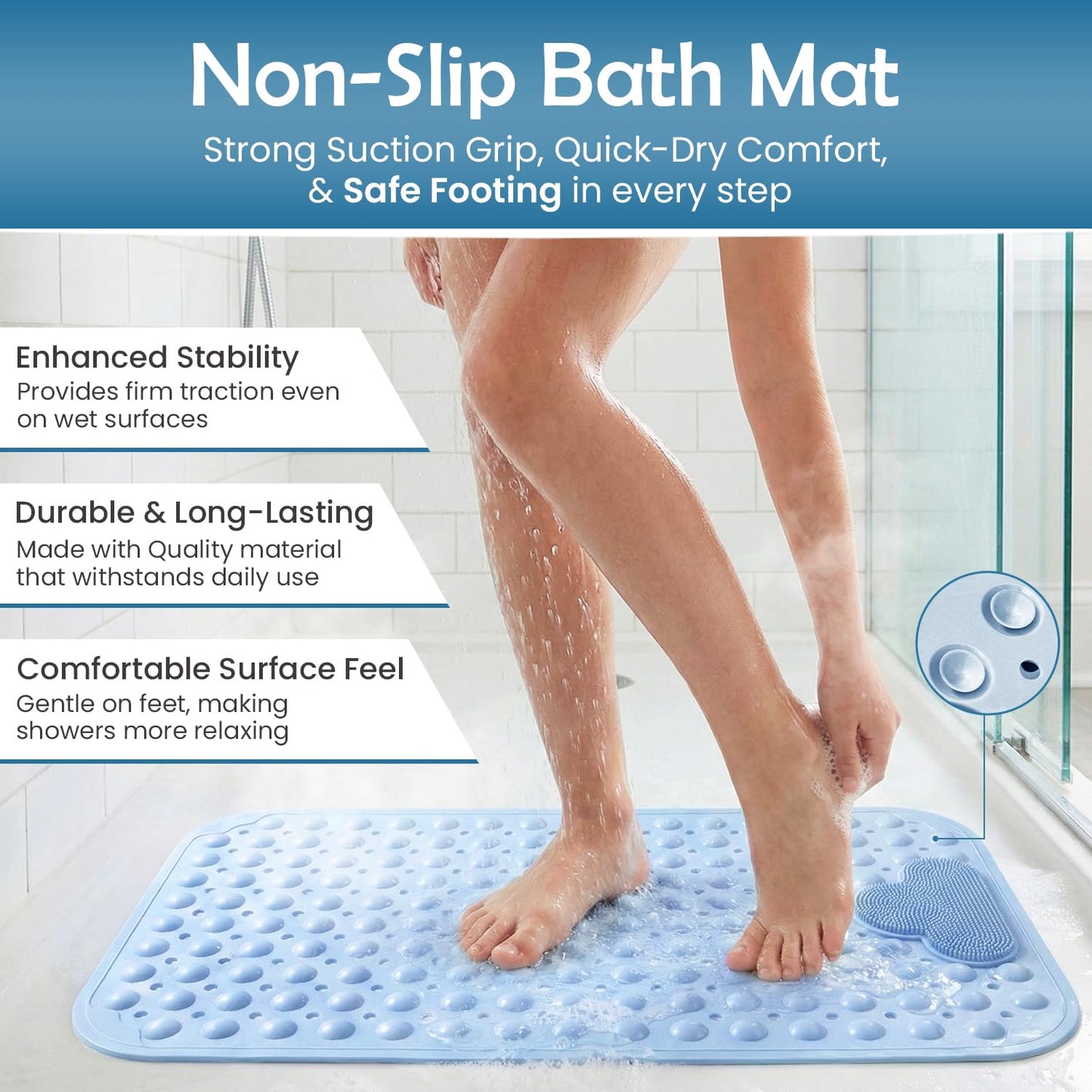 Non-Slip Bath Mat with Suction Cups, GVTECH 100x40cm/40x16in Extra Long Bathtub Mats | Anti-Mould, Machine-Washable, Latex-Free