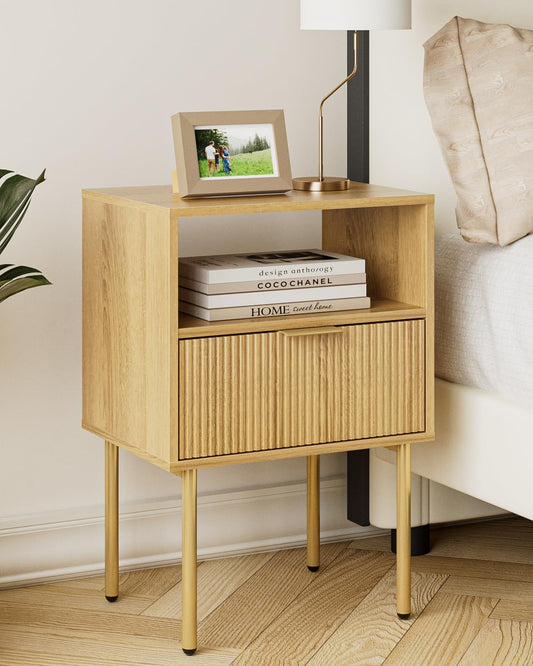 HEYZOEY Bedside Table, Small Bedside Tables with 1 Drawers, Wooden Nightstand with Gold Legs, Mid-Century Modern Bed Side End Table for Bedroom,