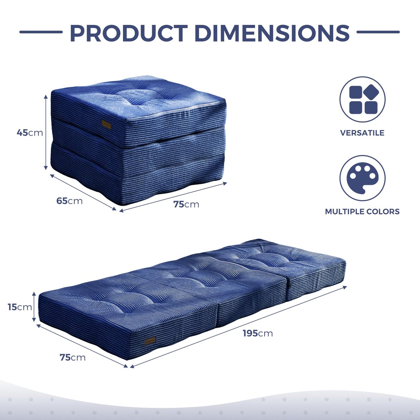 MAXYOYO Folding Mattress, Comfy Corduroy Foldable Mattress with 15cm Thicken Foam, Tri-Fold Floor Futon Sofa Bed for Guest,Dark blue,Small Single
