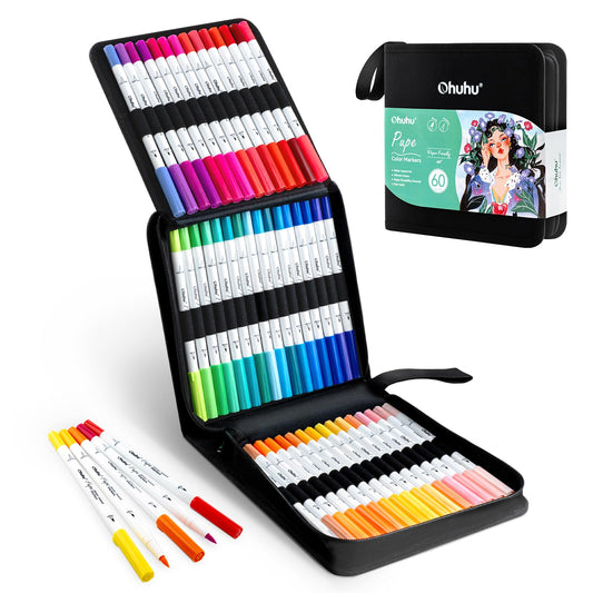 Ohuhu 60 Colours Colouring Pens, Paper-Friendly No Peeling Water-Based Markers, Dual Tips Brush Pens for Adult Colouring Books, Coloring Markers for