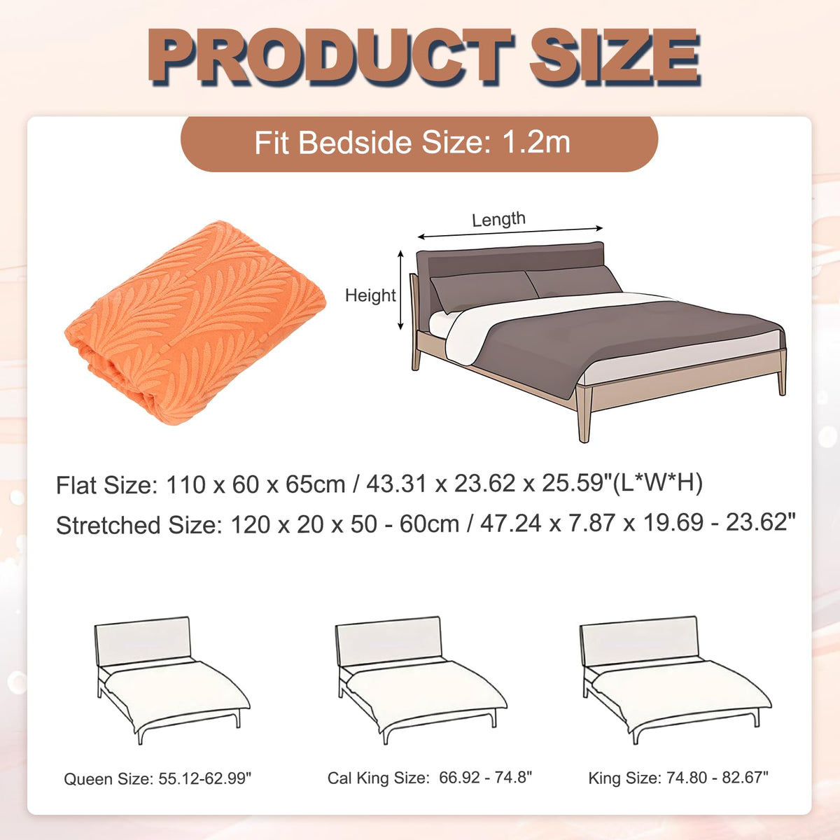 sourcing map Bed Headboard Slipcover, 120cm Jacquard Fabric Stretch Protector Covers, Dustproof Cover for 1.2m Headboard Bedroom Decor, Orange