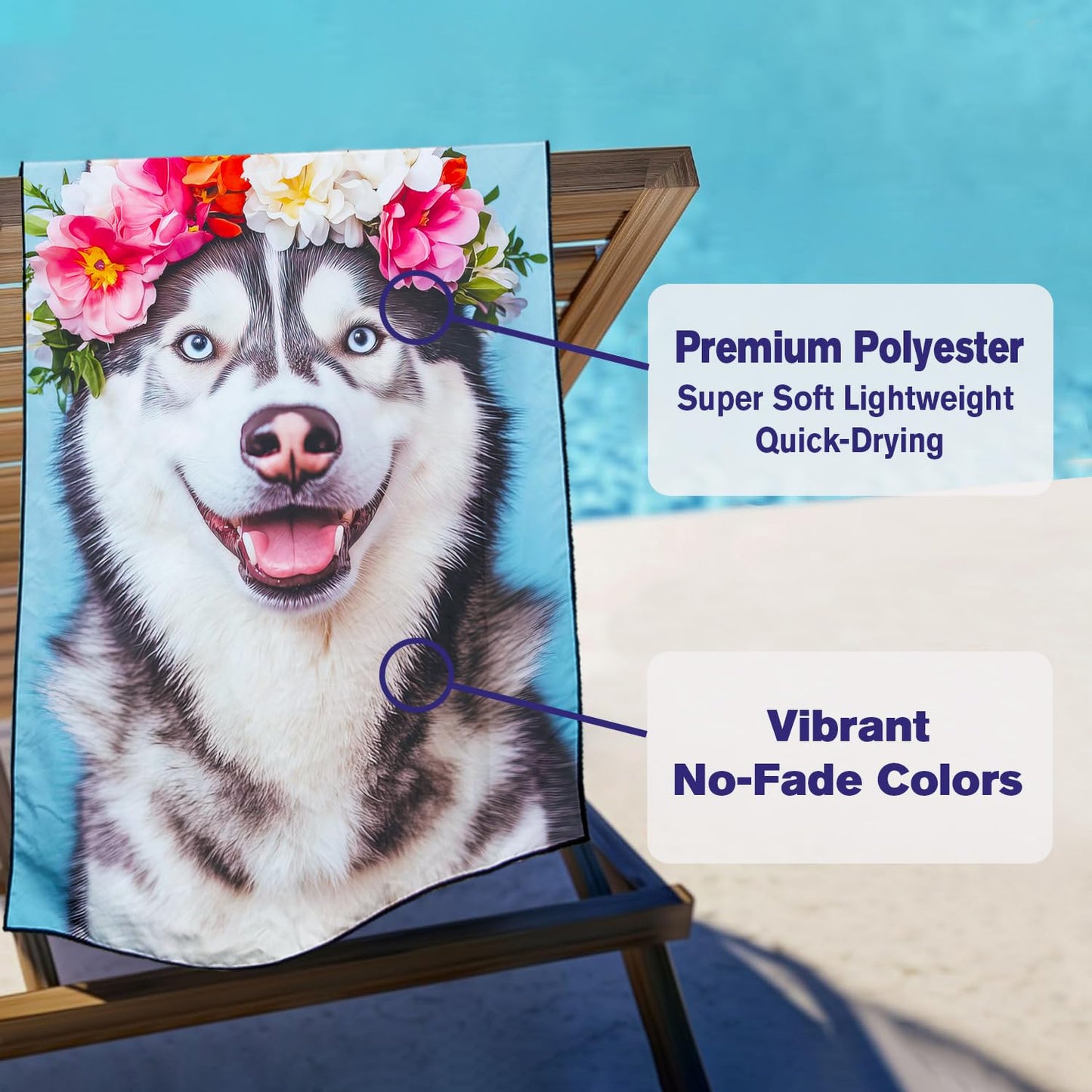 Violetpos Floral Wreath Husky Beach Towel for Dog Lovers, Extra Large 180x90 cm 250GSM Microfibre, Sand Free Quick Dry