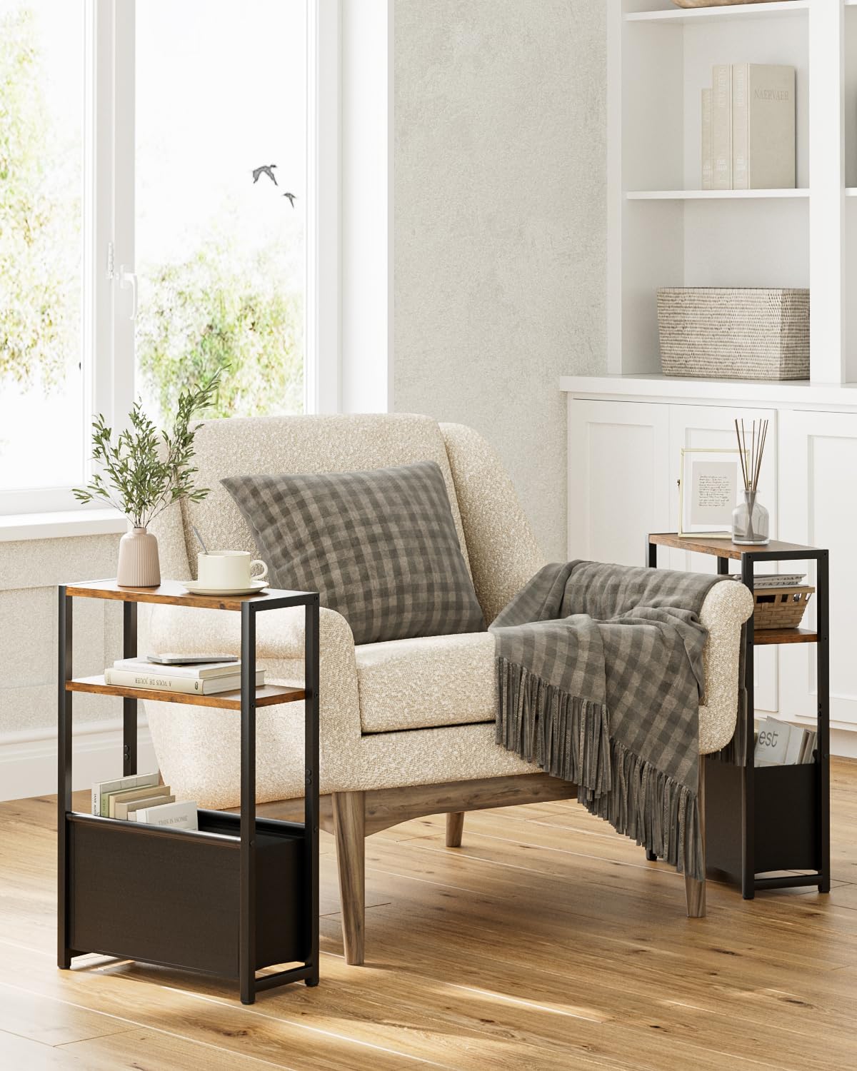 Apetaccat Narrow Side Table for Small Spaces, Small End Table with Storage Basket, Slim Bedside Table for Bedroom
