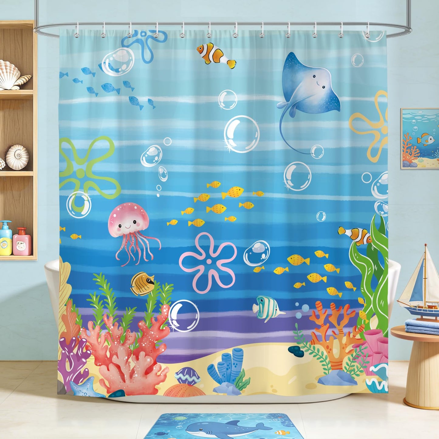 hometrixx Kids Beach Ocean Jellyfish Coral Fish Shower Curtain 72X72Inch