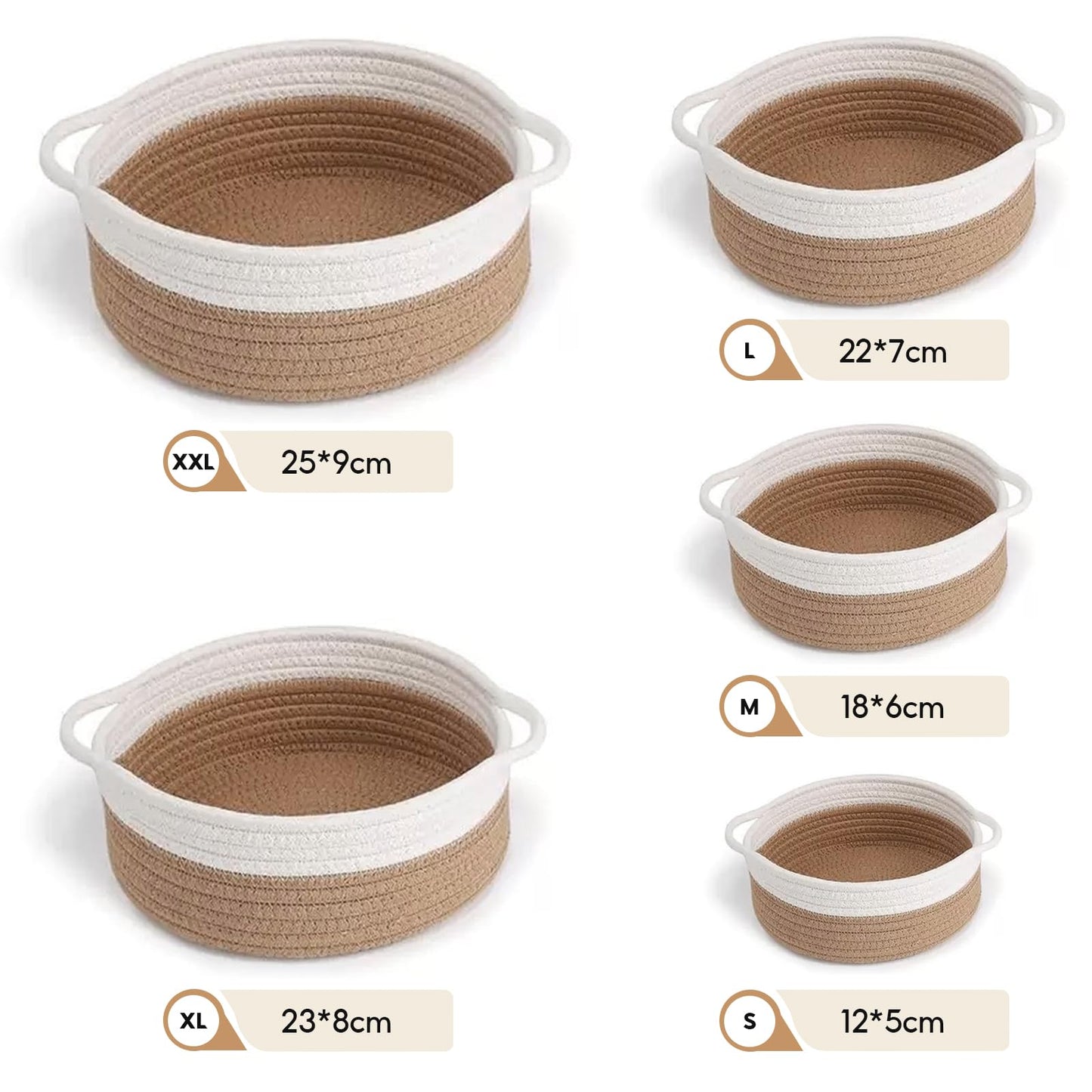 Set of 5 Storage Basket Woven Cotton Rope, Shelf Baskets with Handles for Toy Bathroom Storage