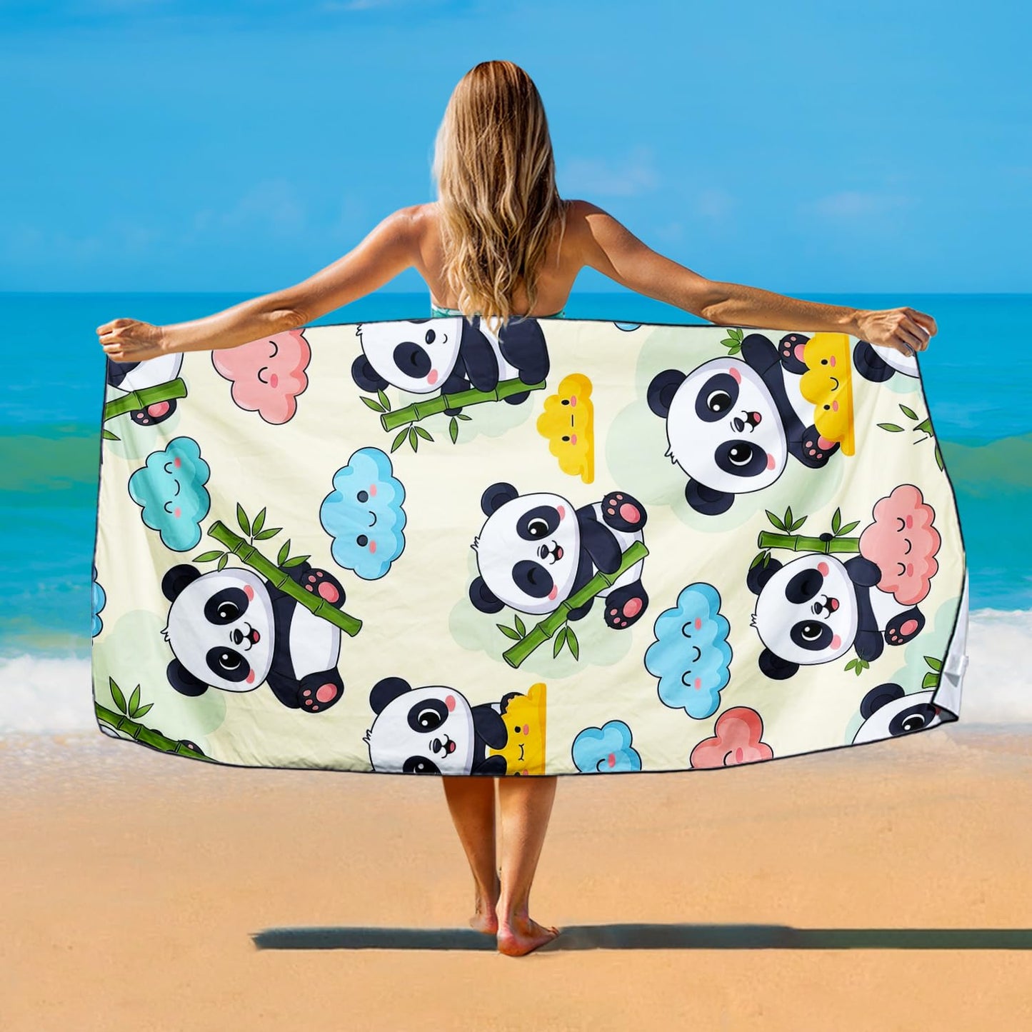 Violetpos Cute Panda & Cloud Beach Towel, Extra Large 180x90 cm 250GSM Microfibre, Sand Free Quick Dry
