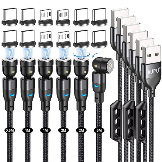 AUFU Magnetic Charging Cable, Magnetic Charger Cable 6 Pack [0.5m/1m/2m/3m], USB C 360? and 180? Rotatable With Micro/Type C for Smartphone