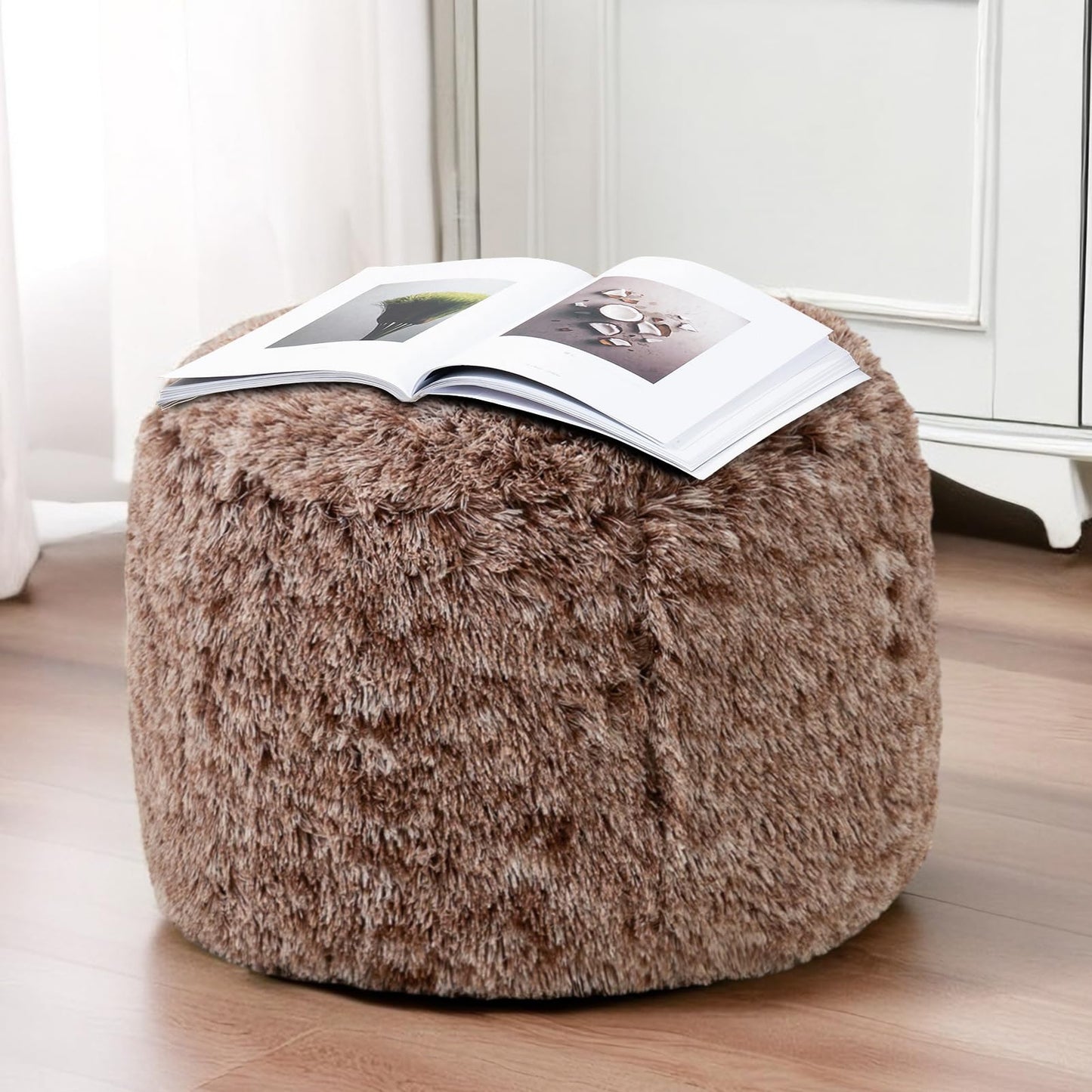 HIGOGOGO Faux Fur Beanbags Round Footstool Bean Bag Pouf with Foam Chunk Filling, 65 x 45 cm Floor Poufs Foot Rest for Living Room, Coffee