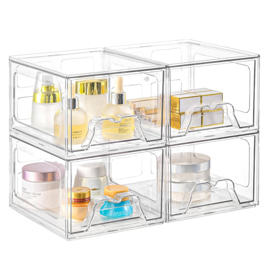 Stebopum 4Pack Acrylic Makeup Organiser, Stackable Plastic Storage Drawers, Clear Drawer Organiser for Vanity?Kitchen, Cupboard, Bathroom Storage Box