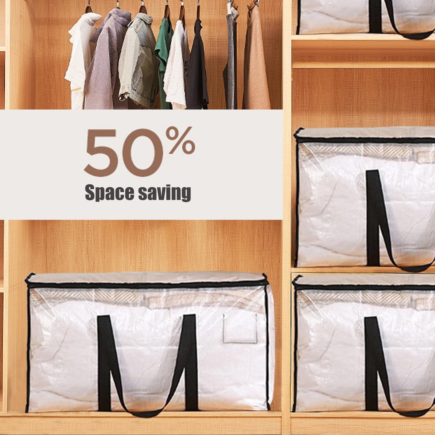 KXF 2 Packs 90L Waterproof Transparent Storage Bag with Drawstring Bag Wardrobe Organiser Foldable Duvet Storage Box with Lid Clothes Storage Moving