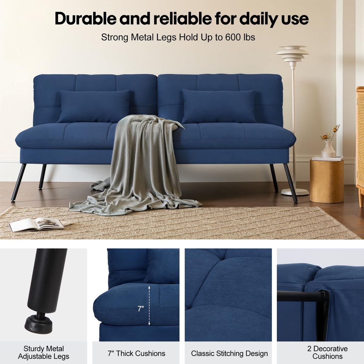 Panana Fabric 3 Seater Sofa Bed, 5-Gear Back Angle Adjustable Futon Sofa for Living Room/Guest Room Blue