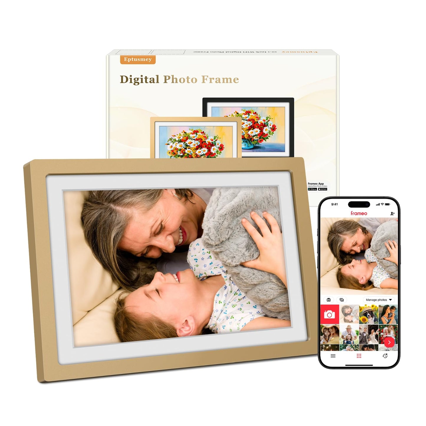 Frameo Digital Photo Frame WiFi Sunset Gold Frame 10.1 Inch Picture Frame with 1280x800 HD IPS Touchscreen, Built-in 32GB, Send Photo Video via Frameo