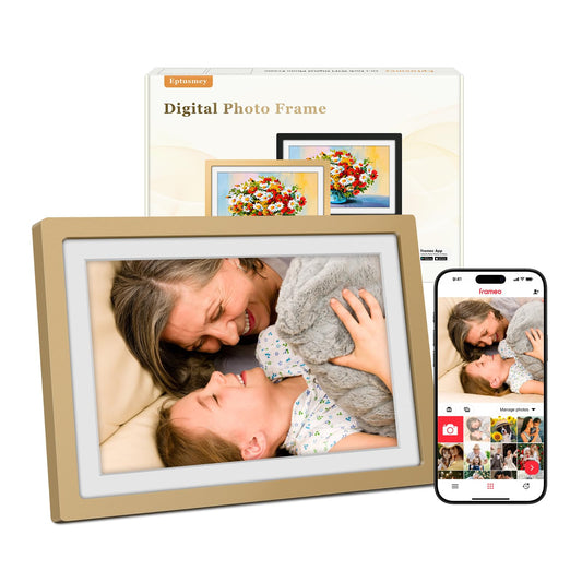 Frameo Digital Photo Frame WiFi Sunset Gold Frame 10.1 Inch Picture Frame with 1280x800 HD IPS Touchscreen, Built-in 32GB, Send Photo Video via Frameo