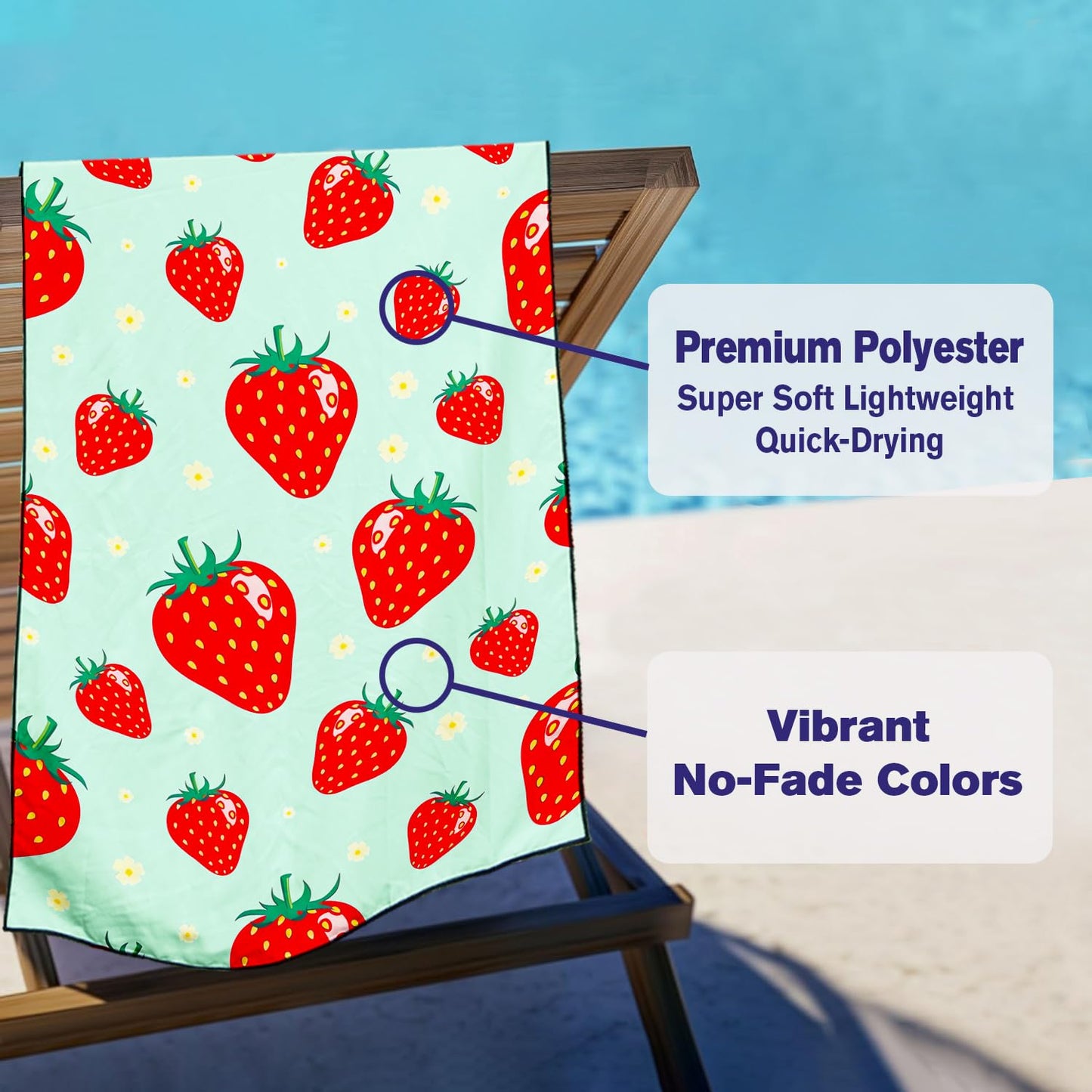Violetpos Mint Green Strawberry Beach Towel, Extra Large 180x90 cm 250GSM Microfibre, Sand Free Quick Dry