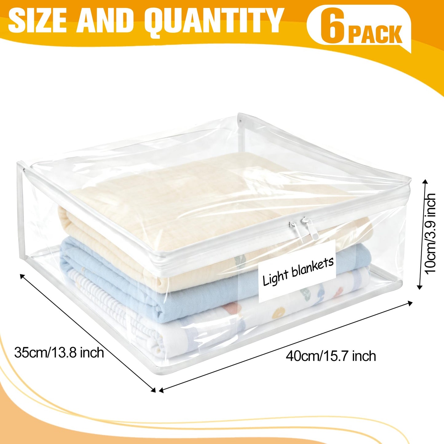 Plastic Storage Bags with Easy-Glide Zipper, Pack of 6, Durable Clear Vinyl Zippered Storage Bags for Clothes Sweaters Comforters Blankets Sheets