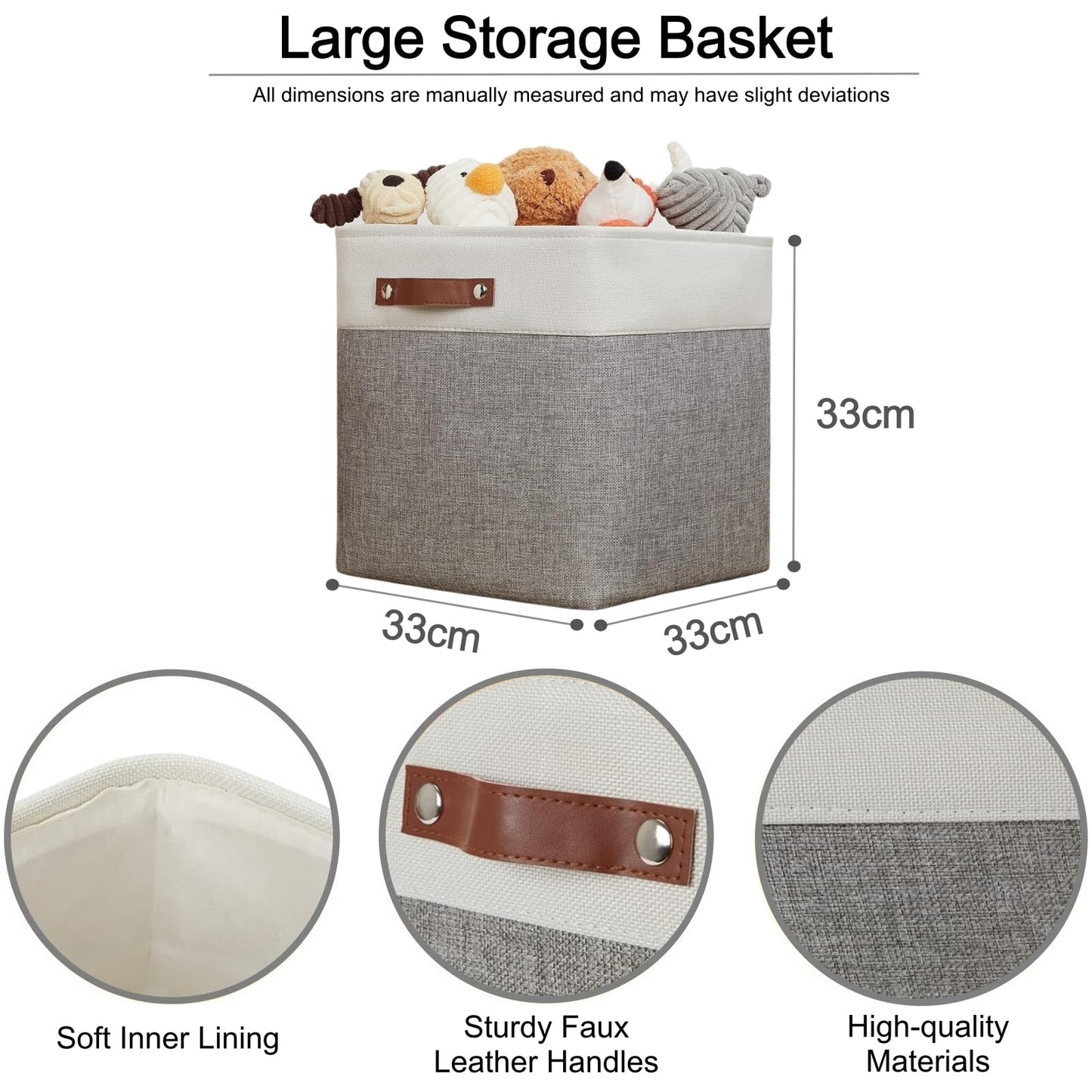 VIIHTYISA Fabric Storage Box, 4-Piece Set 33x33x33cm Cube Storage Boxes with Faux Leather Handle for Cube Shelves, Closet, Wardrobes | Grey & White