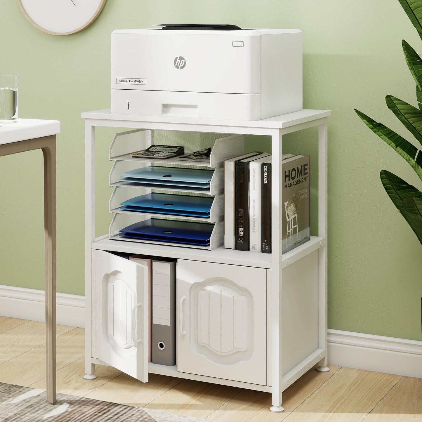 PUNCIA 3 Tier Printer Stand with File Cabinet for Home Office White