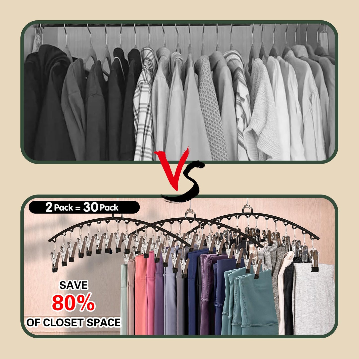 2 PCS Trouser Hangers with 15 Clips, 360° Swivel Hook Hanging Pants Hangers, Space Saving Closet Organizer and Storage for Leggings, Shorts, Skirts