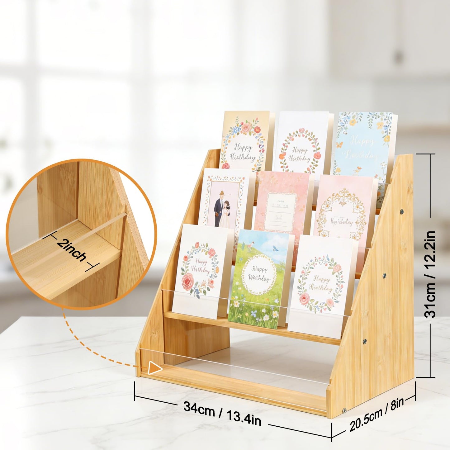 Worephu Premium 4-Tier Bamboo Acrylic Card Rack, Space-Saving Display Stand for Postcards, Greeting Cards, Brochures & Picture