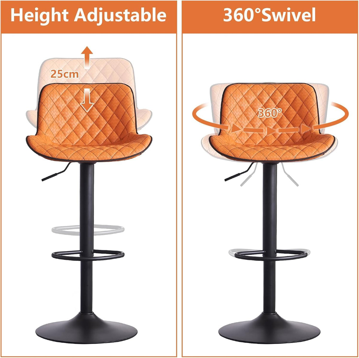 YOUTASTE Woven Bar stools Set of 2 Orange PU Leather Upholstered Barstools with High Back Modern Swivel Adjustable Tall Padded Bar Chairs for Kitchen