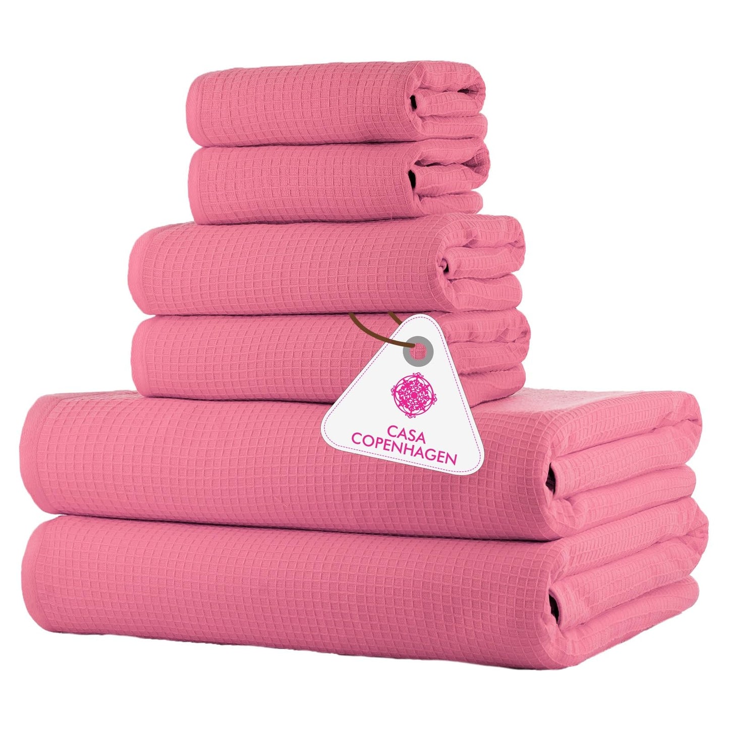 CASA COPENHAGEN Waffle Terry 6-piece set, cotton, extra large, luxurious, pink, 2 bath towels XL, 70 x 140 cm, 2 large hand towels, 50 x 80 cm