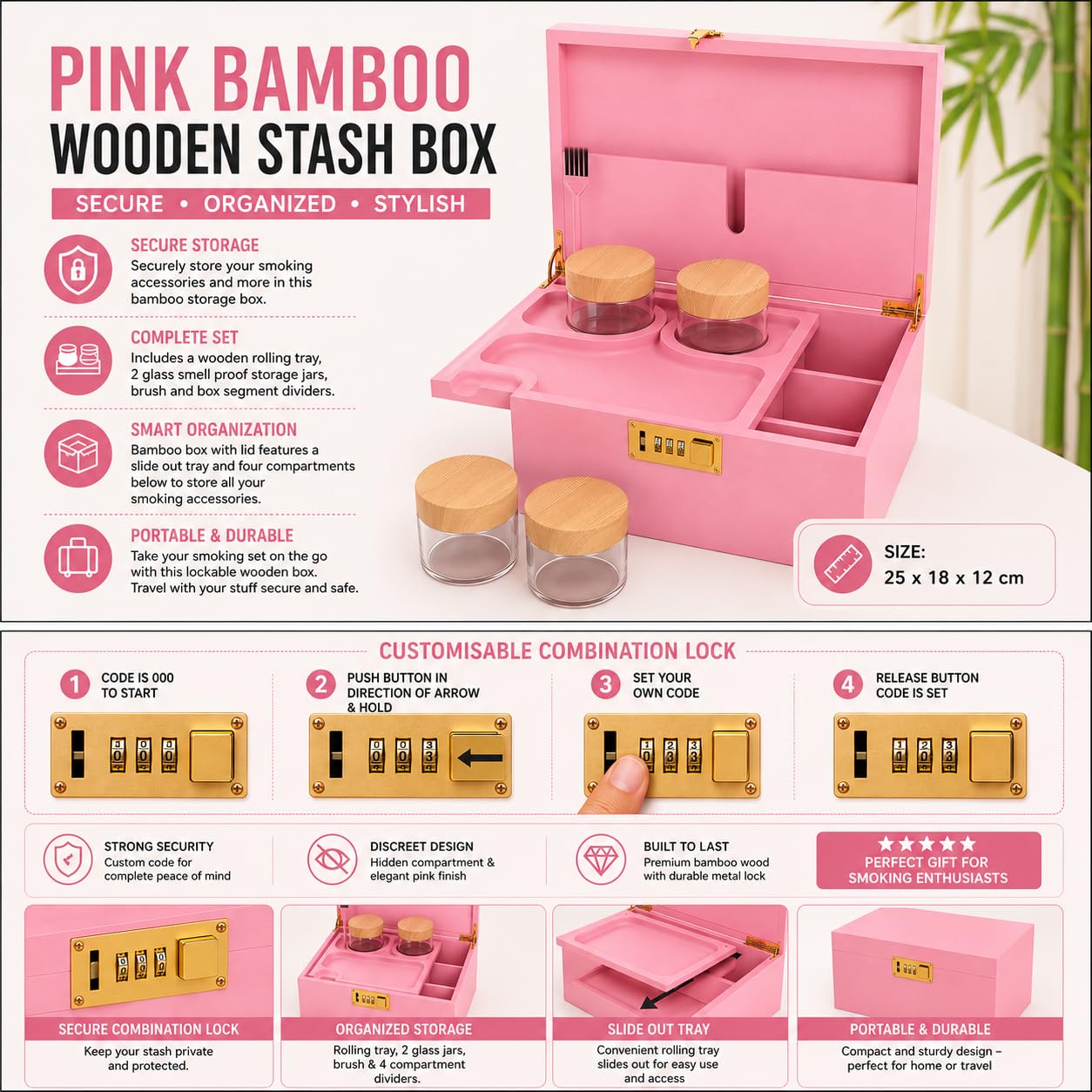 Pink Bamboo Wooden Stash Box with Lock, Wood Rolling Tray and Glass Storage Jars - Smoking Box with Lock, Glass Jars and Kit